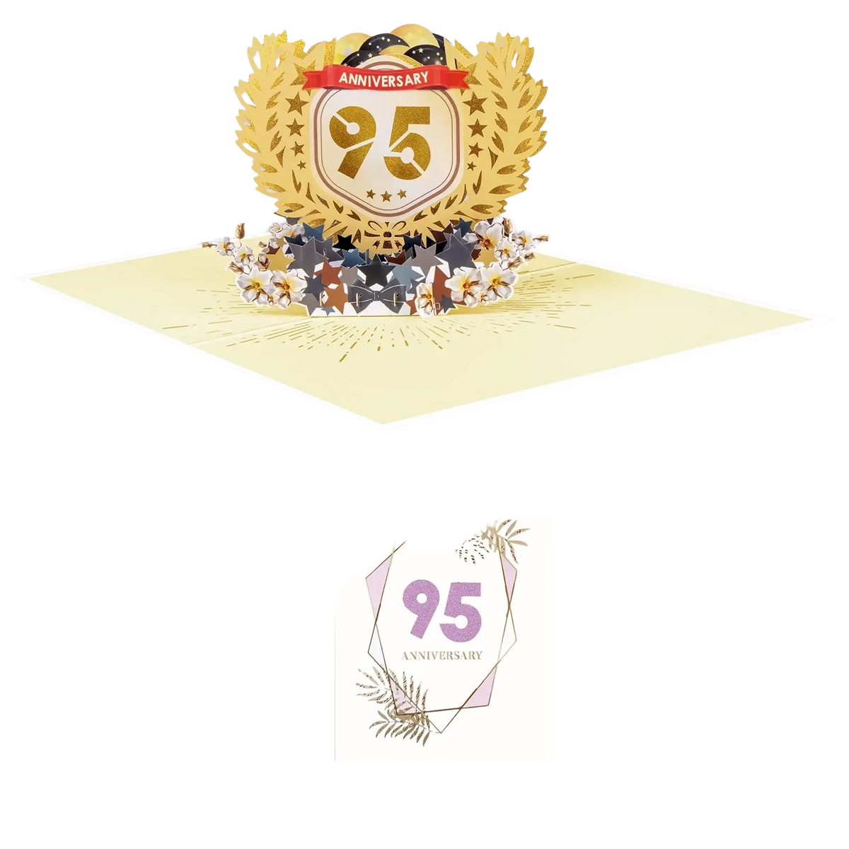 Golden 3d pop-up 10th anniversary card featuring number 95 laurel wreath stars and floral accents design