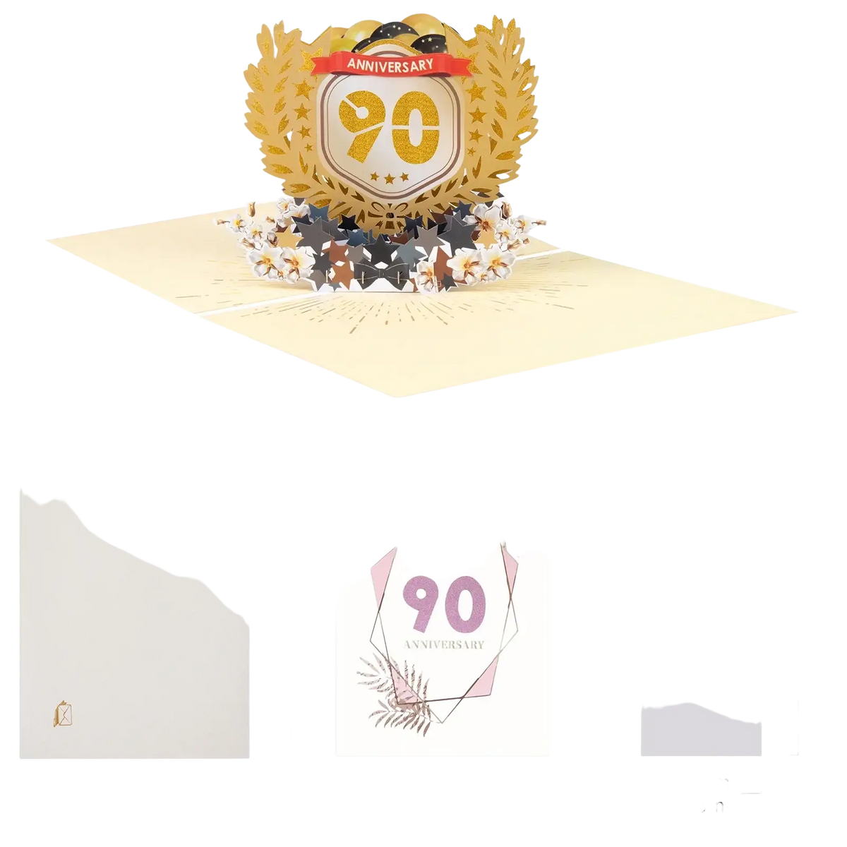 Golden 3d pop-up 10th anniversary card featuring an ornate wreath design with stars and floral accents