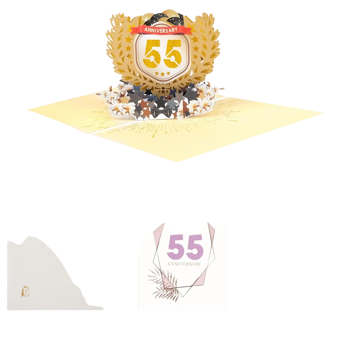 Golden 3d pop-up 10th anniversary card featuring number 55 in laurel wreath with star and bow accents