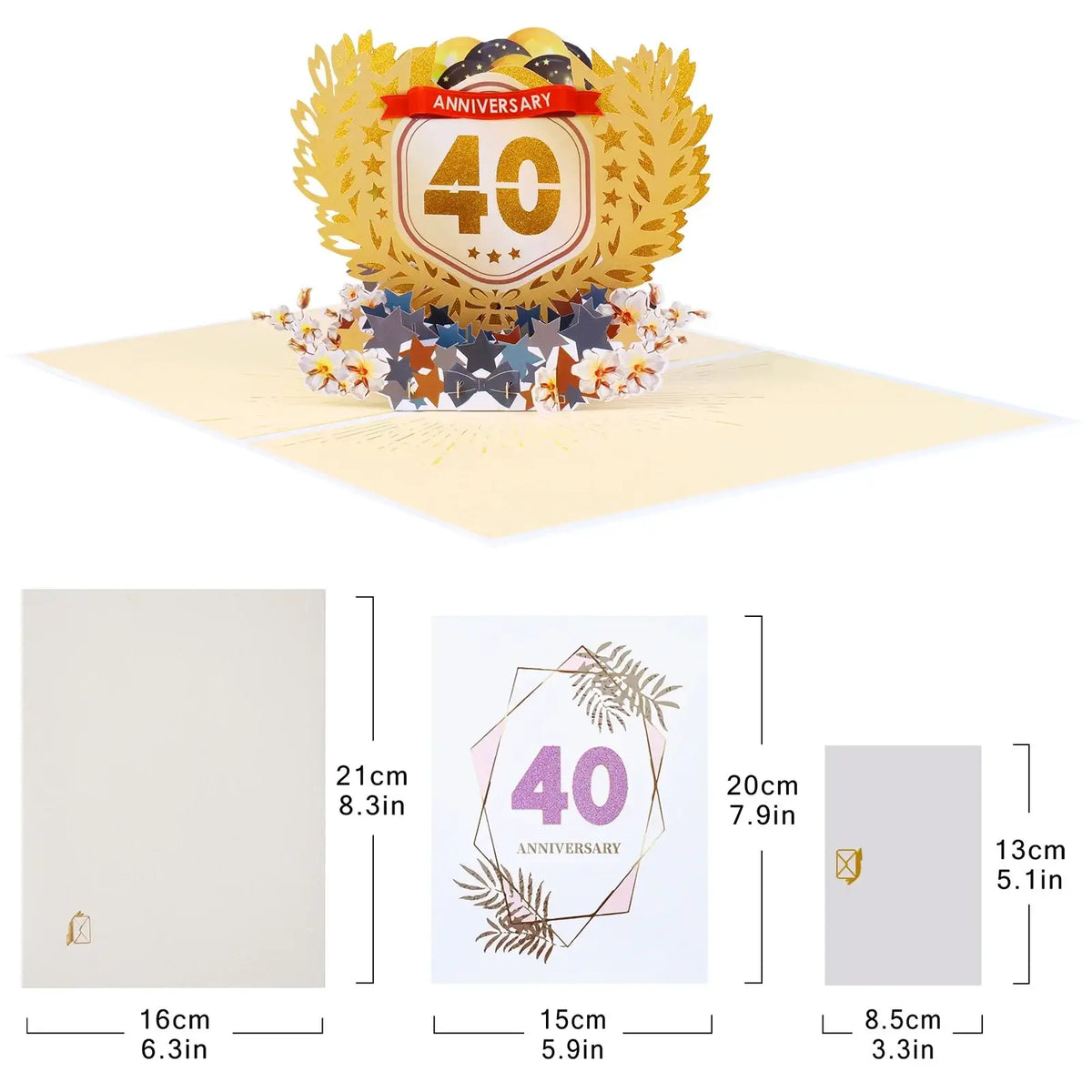 Golden 3d pop-up 10th anniversary card featuring a prominent 40 emblem with laurel wreath and star motifs