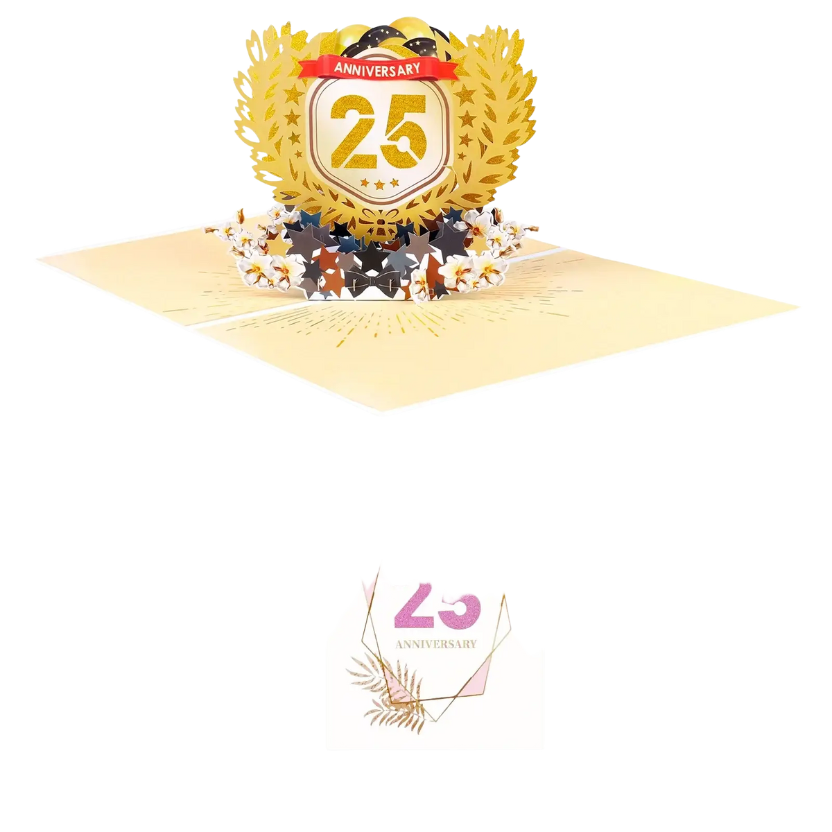 Golden 3d pop up card with ornate wreath and glittery numerals celebrating 25th anniversary for 10th anniversary occasion