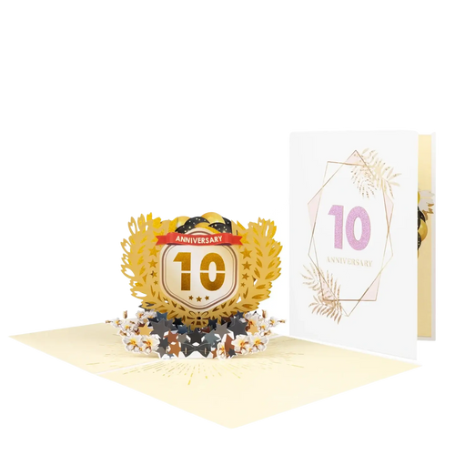 Golden 3d pop up card with laurel wreath design number 10 and anniversary text accented by black and gold stars