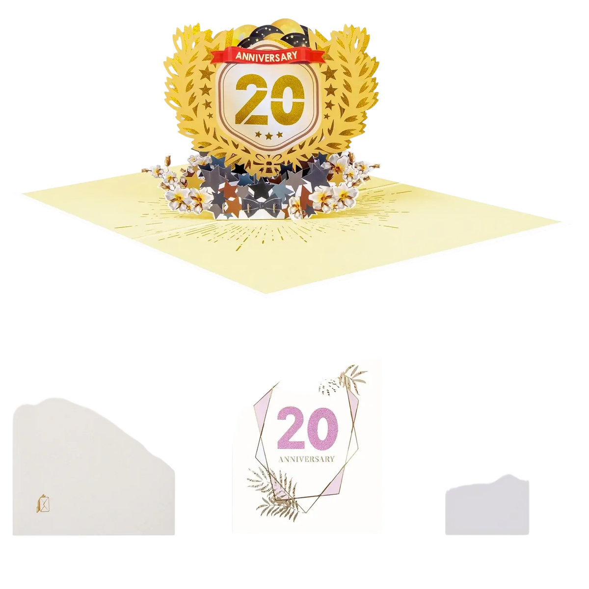 Golden 3d pop-up 10th anniversary card with laurel wreath stars and floral accents around the number 20