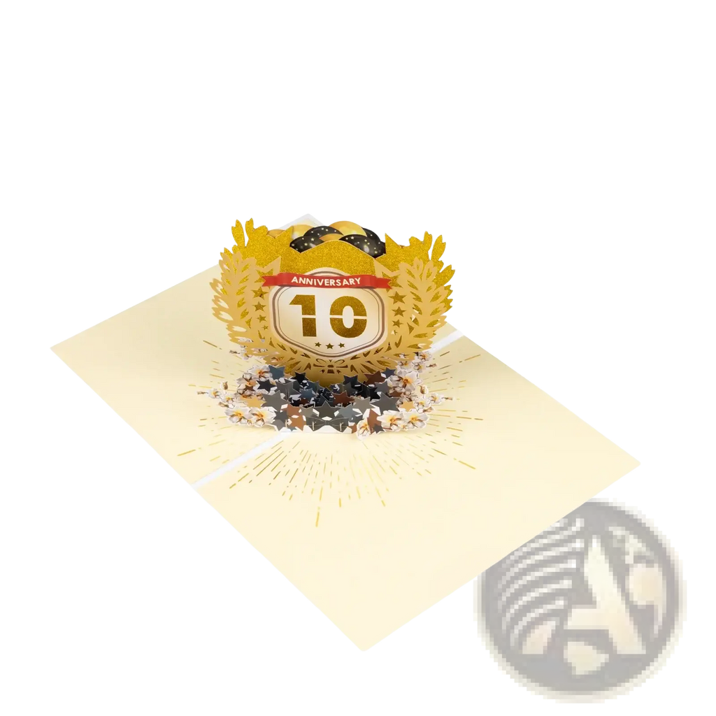 Golden 3d pop up 10th anniversary card featuring laurel wreath design with black polka-dotted accents