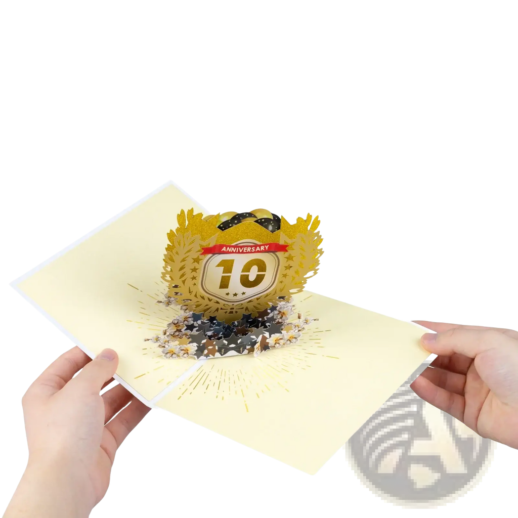 Golden 3d pop up 10th anniversary card featuring a laurel wreath design for celebration purposes