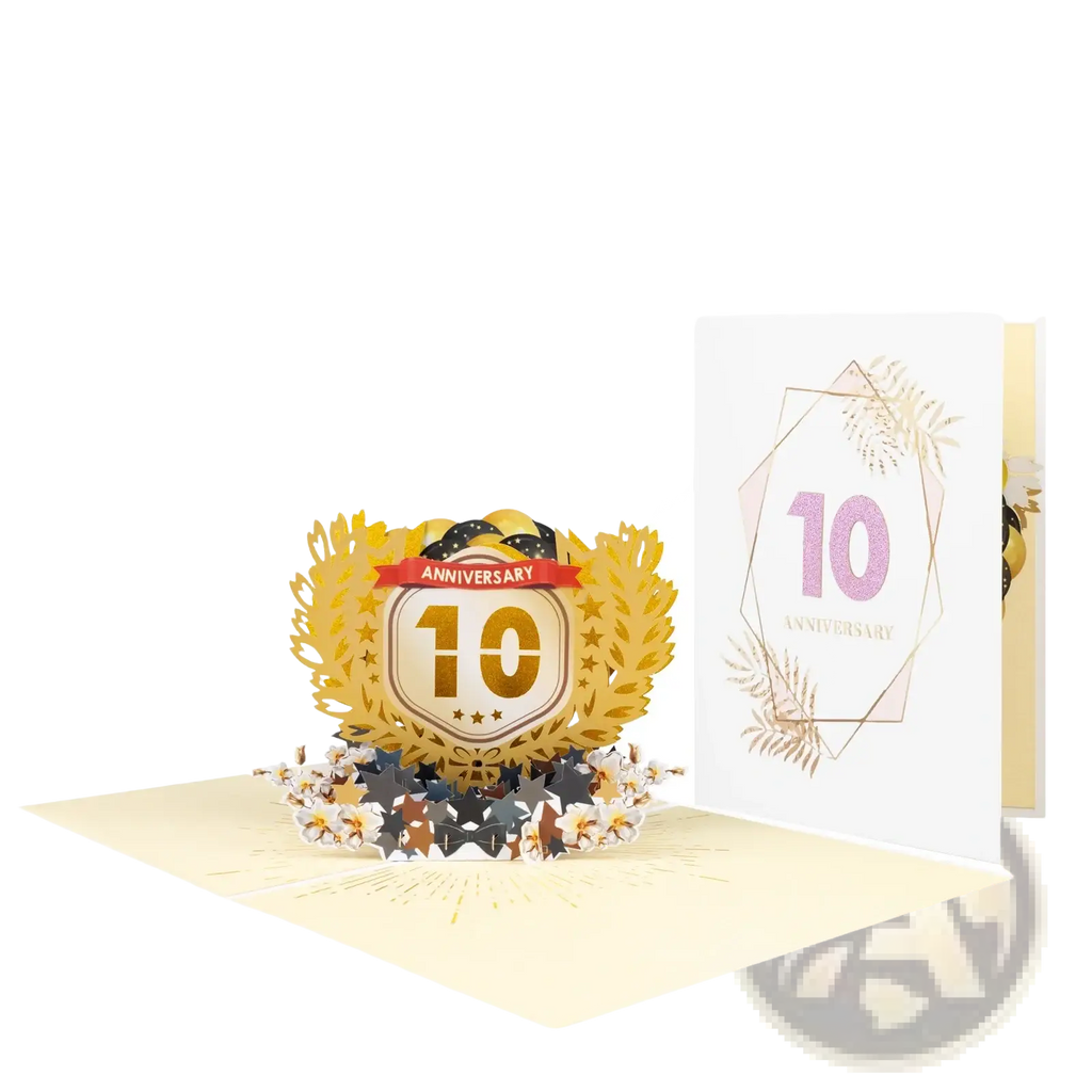Golden 3d pop up card with laurel wreath design number 10 and anniversary text accented by black and gold stars