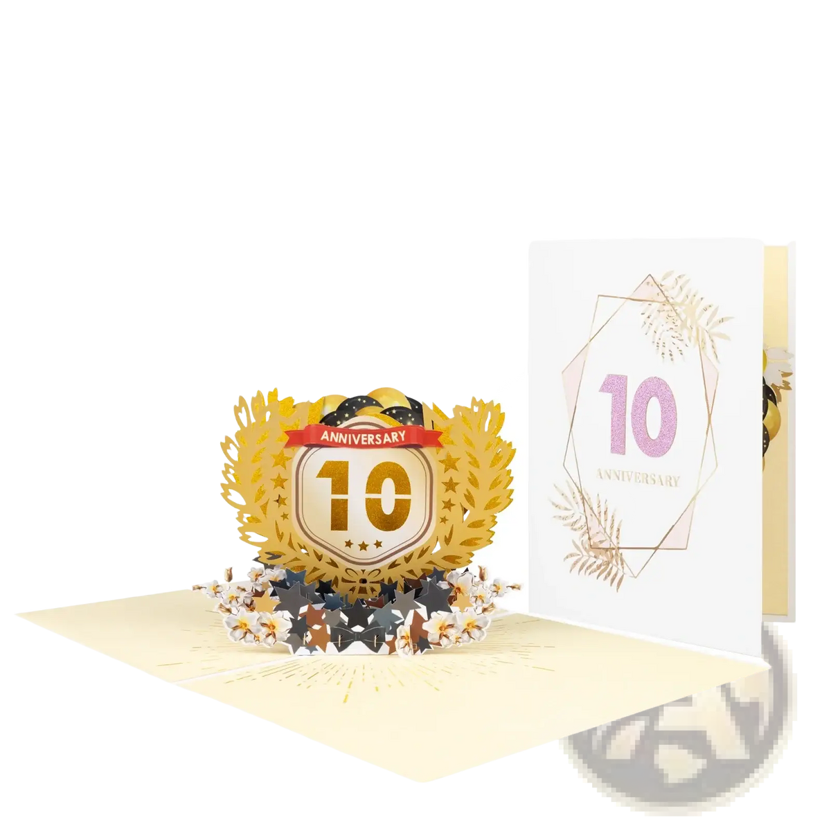Golden 3d pop up card with laurel wreath design number 10 and anniversary text accented by black and gold stars