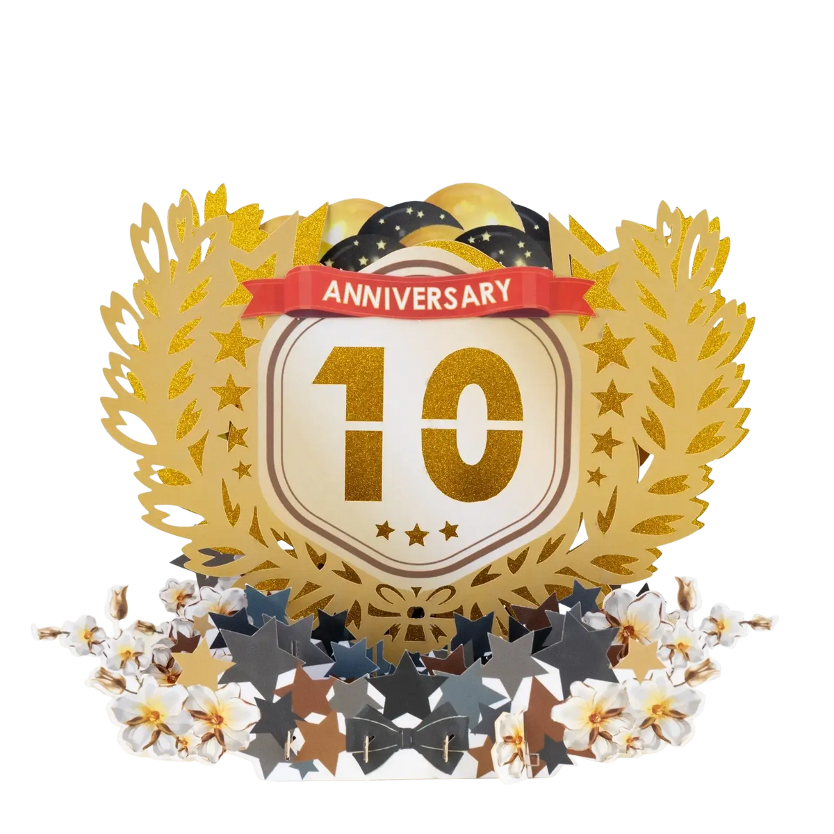 Golden glittery 10th anniversary pop up card featuring a prominent emblem with star and bow motifs