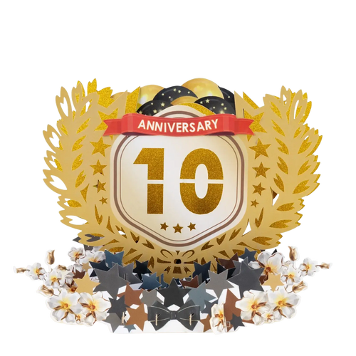 Golden glittery 10th anniversary pop up card featuring a prominent emblem with star and bow motifs