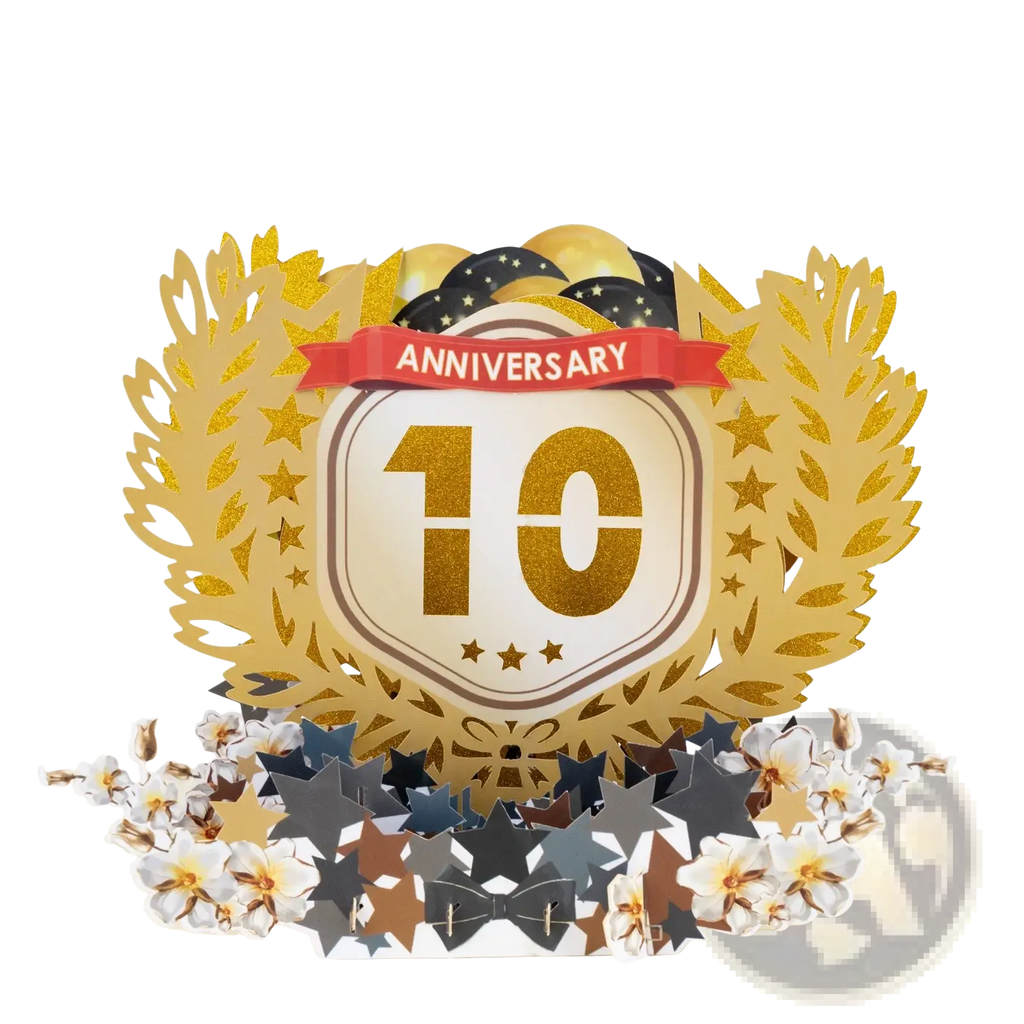 Golden glittery 10th anniversary pop up card featuring a prominent emblem with star and bow motifs