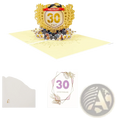 Golden 10th anniversary pop up card with intricate laurel wreath and star embellishments for celebration