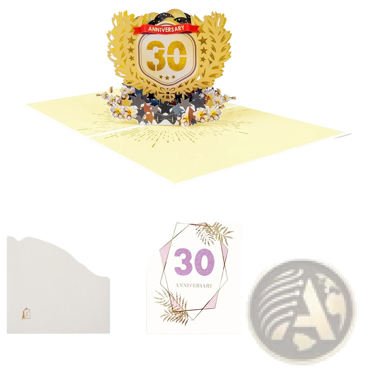 Golden 10th anniversary pop up card with intricate laurel wreath and star embellishments for celebration