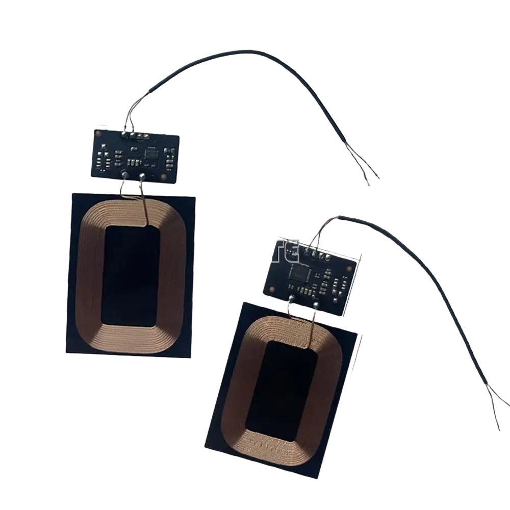 Black rectangular wireless charging coils with copper spiral windings and rixite circuit boards for 10w wireless charging modules