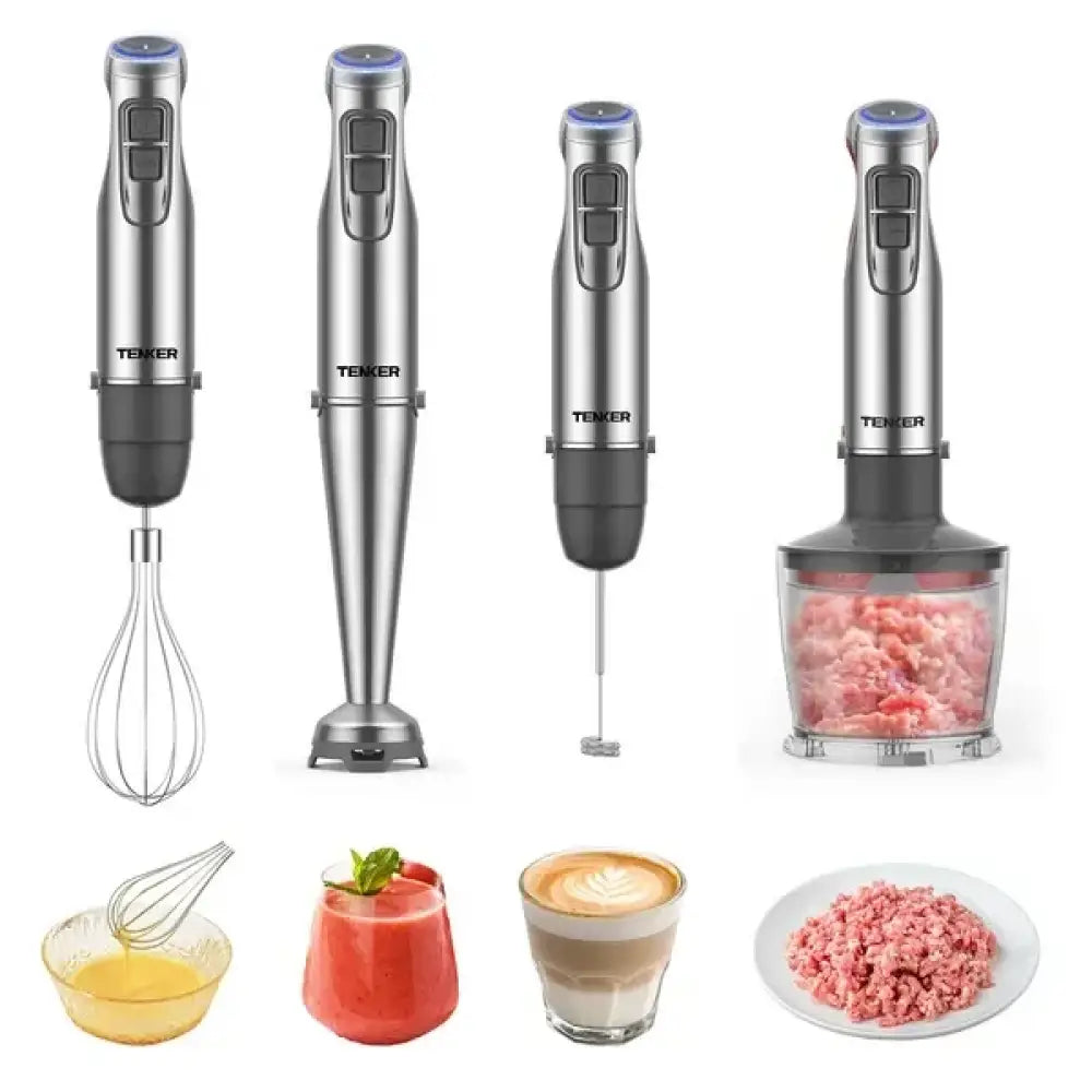 Silver and black teker hand blender with interchangeable attachments next to non-slip silicone suction cup bath mat with drainage holes