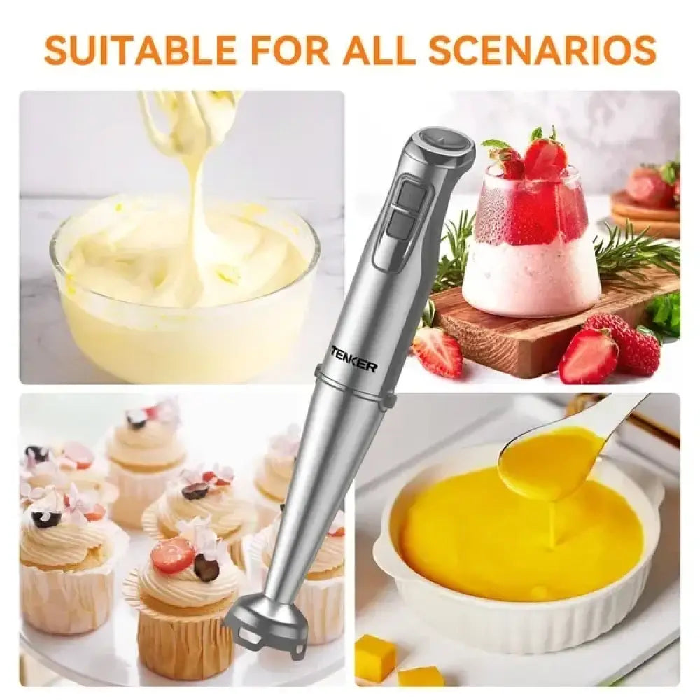 Silver handheld immersion blender with ergonomic design and teker branding alongside non-slip silicone suction cup bath mat with drainage holes
