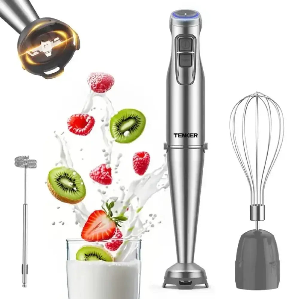 Silver tenker immersion blender with sleek metallic finish and blue accent lighting displayed beside non-slip silicone suction cup bath mat with drainage holes