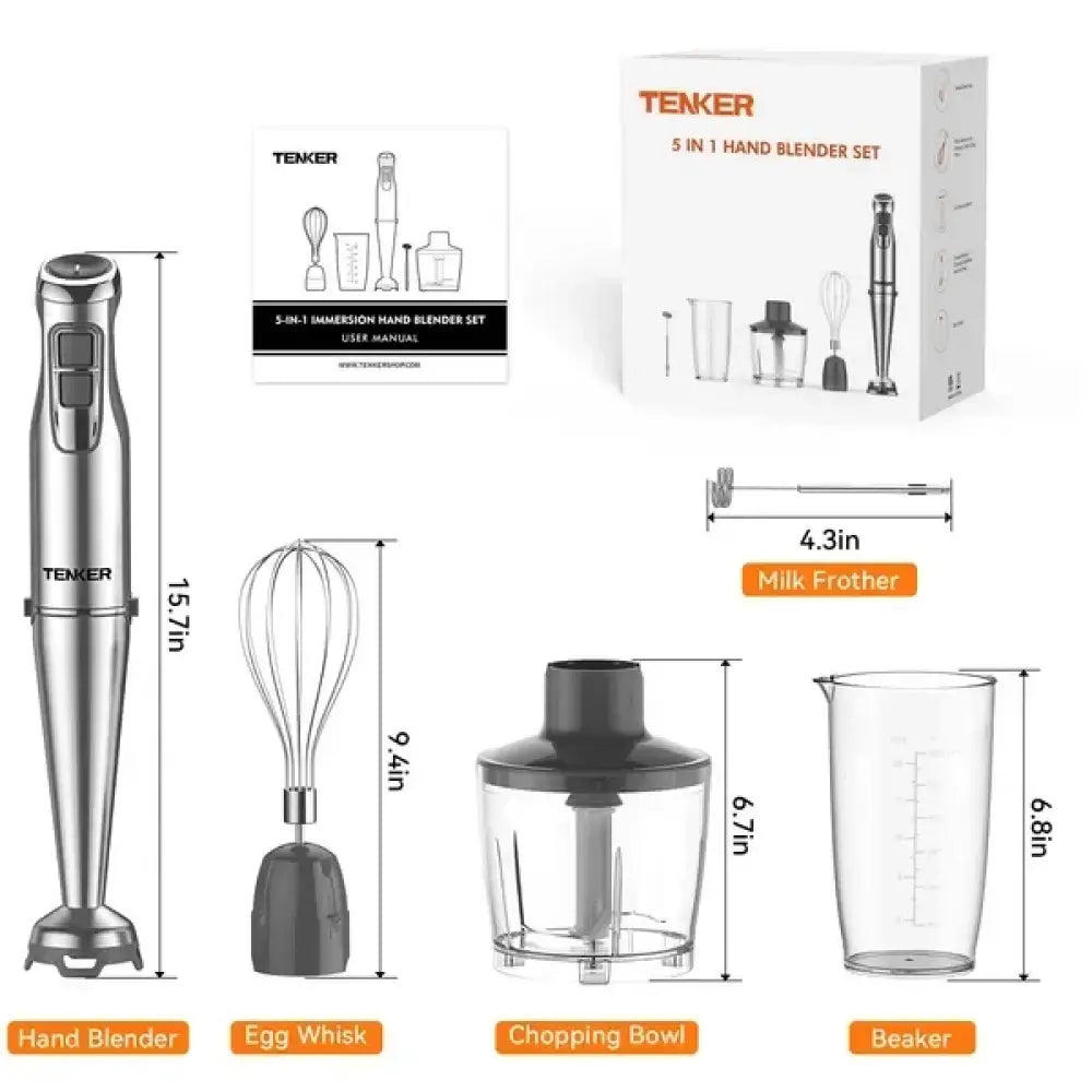 Silver-handled teker 5-in-1 immersion hand blender with sleek modern design and multiple attachments for versatile kitchen use