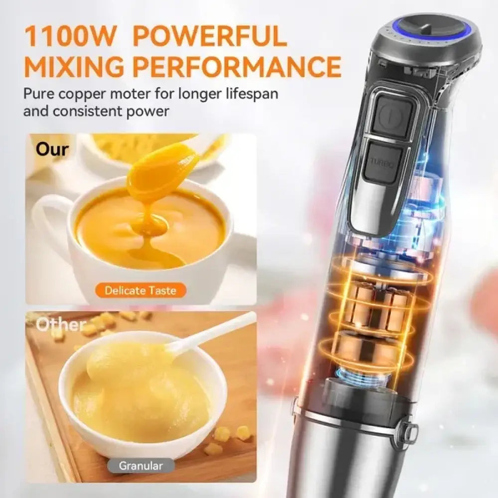 Silver and black handheld blender with transparent body showing copper motor inside placed on non-slip silicone suction cup bath mat with drainage holes