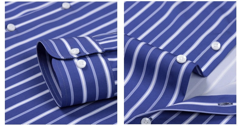 Camisa de vestir abotonada de manga larga en rayas verticales azul y blanca, con cuello clásico abotonado, tela pulida con botones a juego