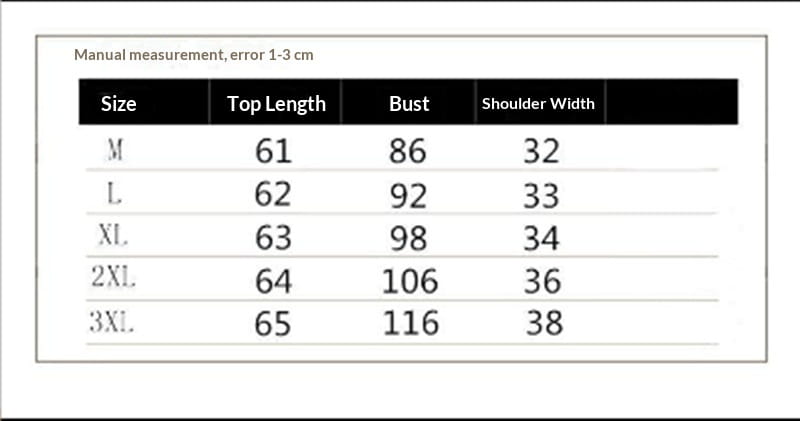 Eine Größentabelle für einen Chiffon-Lagenrock mit asymmetrischer Passform, der die Maße für die Oberkörperlänge, den Brustumfang und die Schulterbreite in Zentimetern für die Größen M bis 3XL angibt.