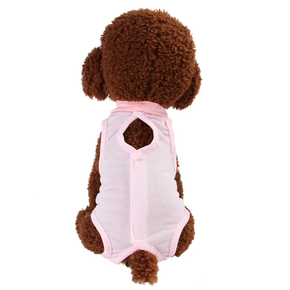 pink mesh dog vest with soft fabric trim for cat sterilization recovery suit breathable pet vest shown from the back side