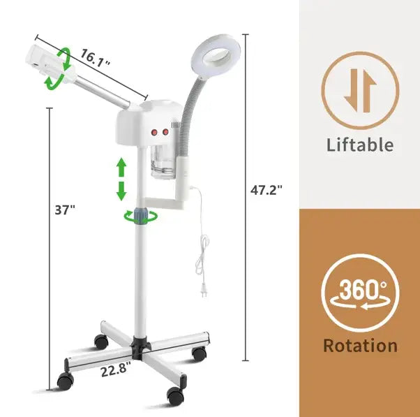 Vaporisateur facial professionnel blanc à station de vapeur et d’éclairage réglables, avec un bras col-de-cygne flexible, une lampe de grossissement circulaire 3× et une base à roulettes pour une mobilité aisée.