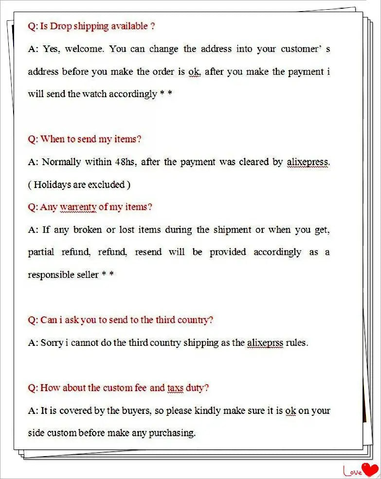 The image shows a stack of printed customer service responses from Aliexpress regarding a gold quartz women watch with crystal rectangular wristwatch design.