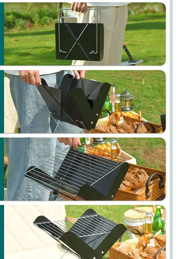 Black foldable charcoal grill with metal frame and wire rack designed for portable outdoor camping use