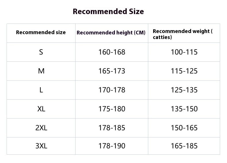 Eine klare, minimalistische Größentabelle für Herren-Langarm-Leinenhemden im lässigen Stil mit Knopfleiste, die empfohlene Größen von S bis 3XL mit entsprechenden Längen- und Gewichtsspannen in Zentimetern und chinesischen Jin/“catty” aufführt.