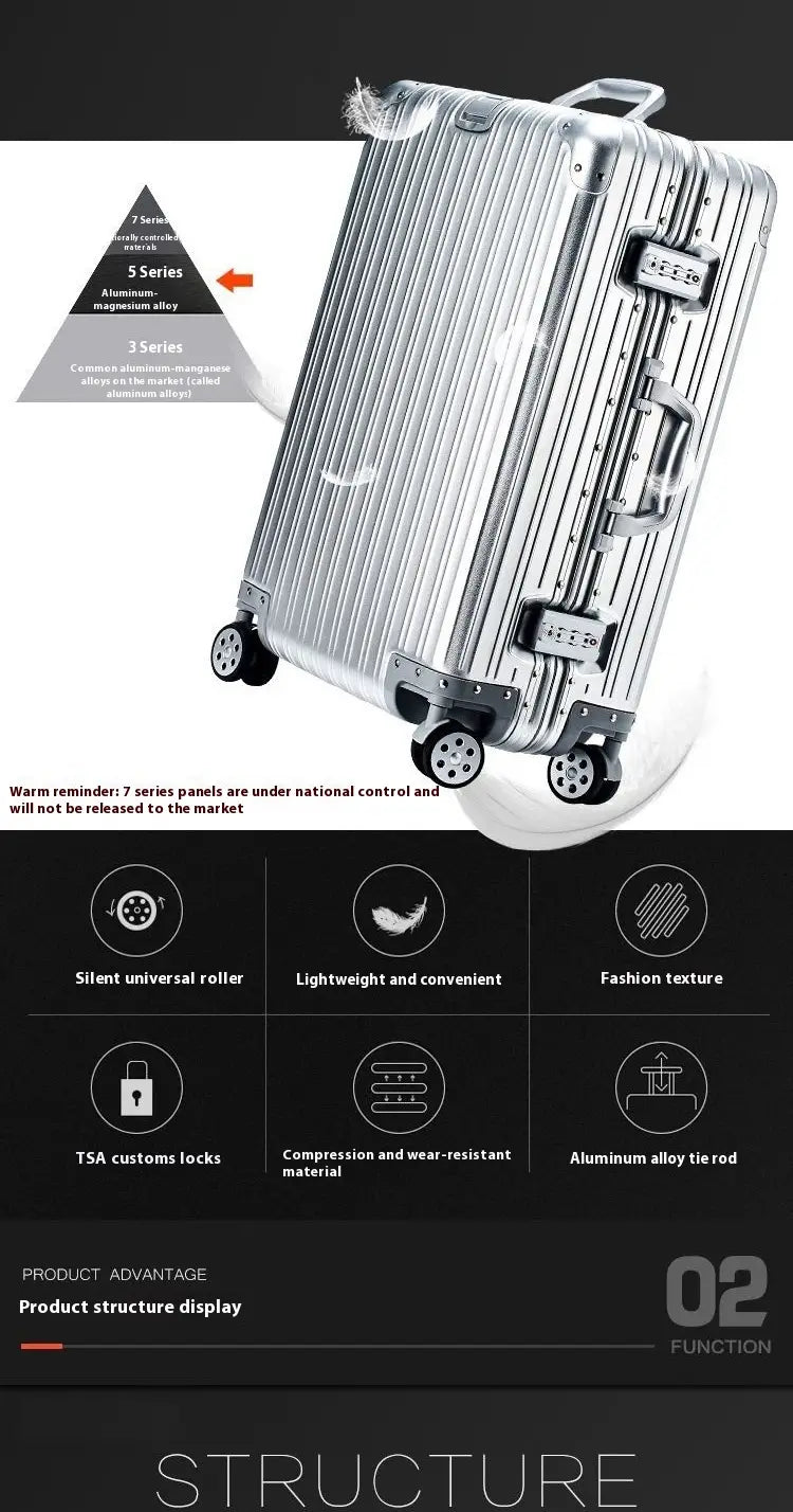 Silver aluminum magnesium luggage hardshell spinner suitcase with ribbed design and four wheels.