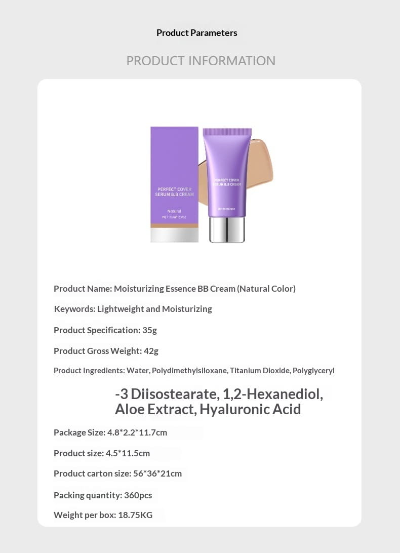 Purple tube of hydrating bb cream perfect cover serum foundation with moisturizing essence in a silver cap and matching box.