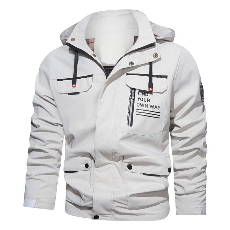 Mens outdoor fleece hooded jacket casual shell coat in white with black trim features a front zipper closure and a chest pocket displaying the text find your own way in bold lettering.