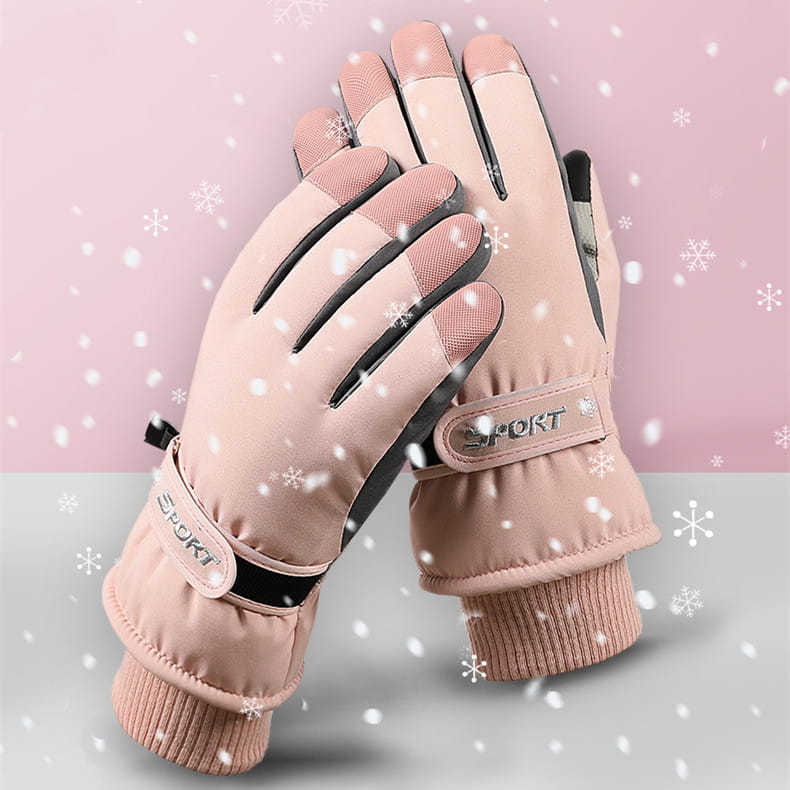 Pink insulated touchscreen winter cycling gloves with black accents and sport logo on the wrist strap shown from the back side designed for warmth and waterproof protection.