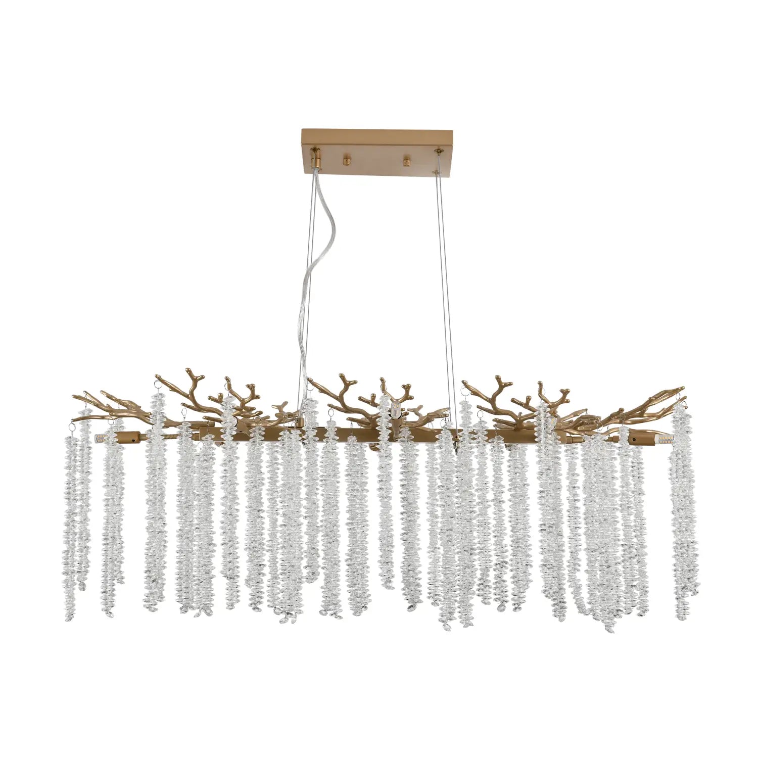 39 inch golden crystal waterfall pendant light featuring a gold-toned branch-shaped chandelier with cascading clear crystal beads.