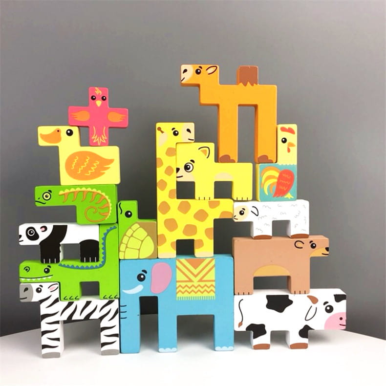 Colorful wooden animal-shaped stacking blocks with playful cartoon designs in a wooden animal puzzle maze stacking blocks toy.