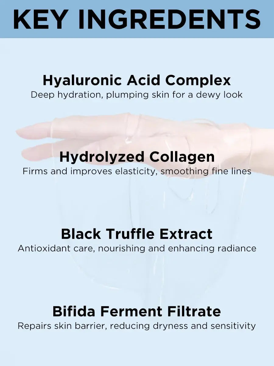A hand with clear dewy skin showcasing the effects of Luhezr deep collagen anti wrinkle lifting mask 5 sheets.