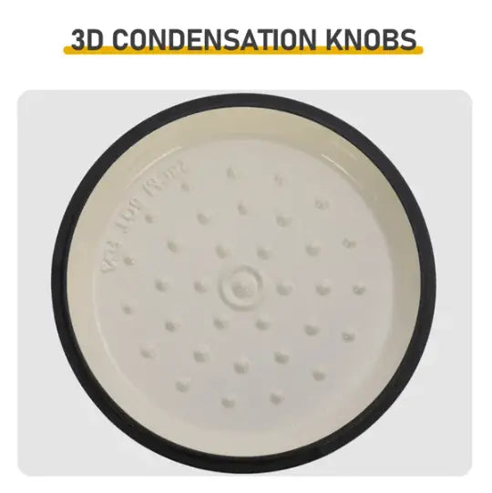 white ceramic 3d condensation knobs with black rim and textured surface on 6qt enameled cast iron dutch oven with silicone gloves