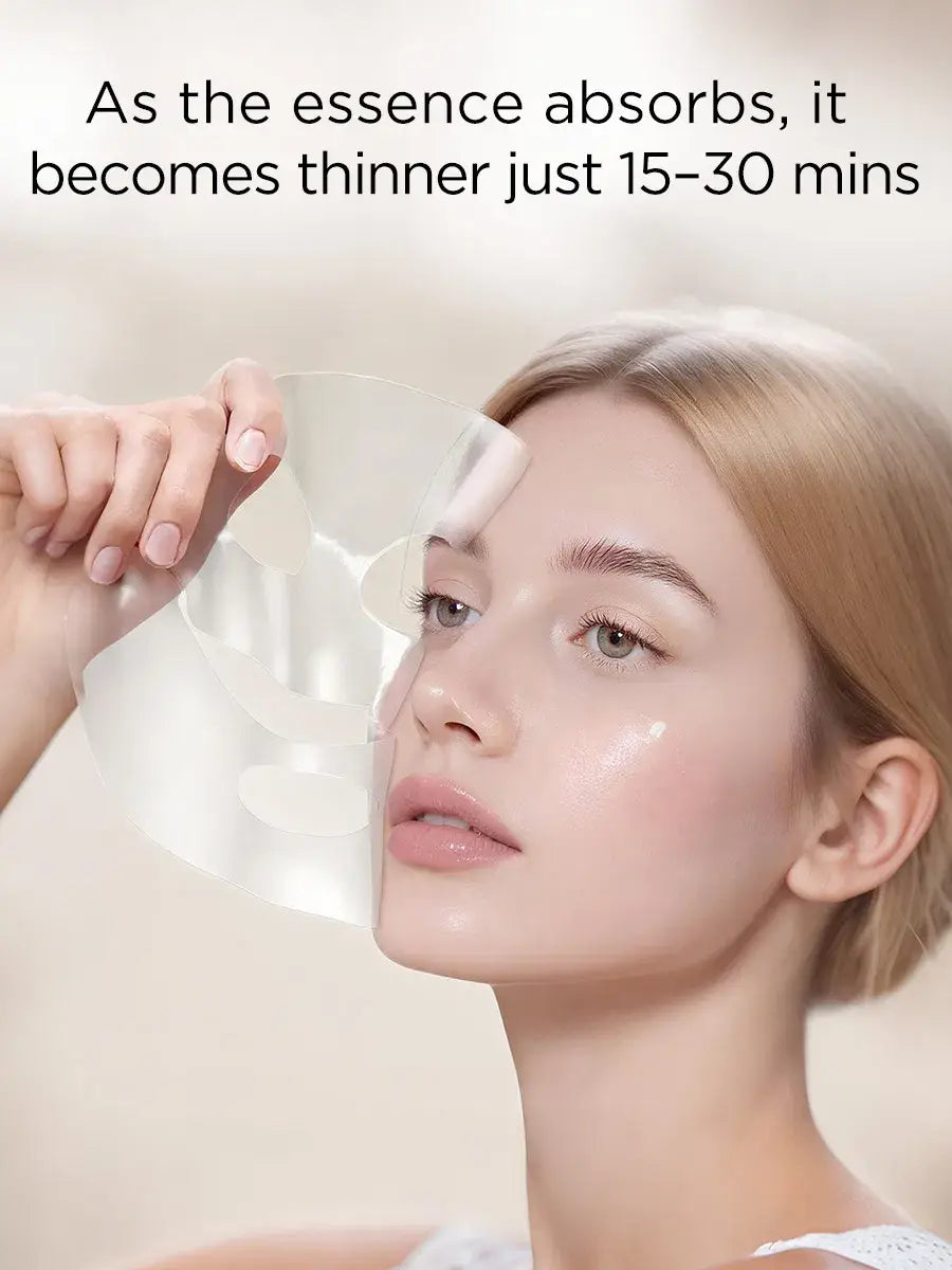 Luhezr deep collagen anti wrinkle lifting mask 5 sheets featuring transparent facial sheet masks with a delicate gel-like texture and subtle floral cutouts.