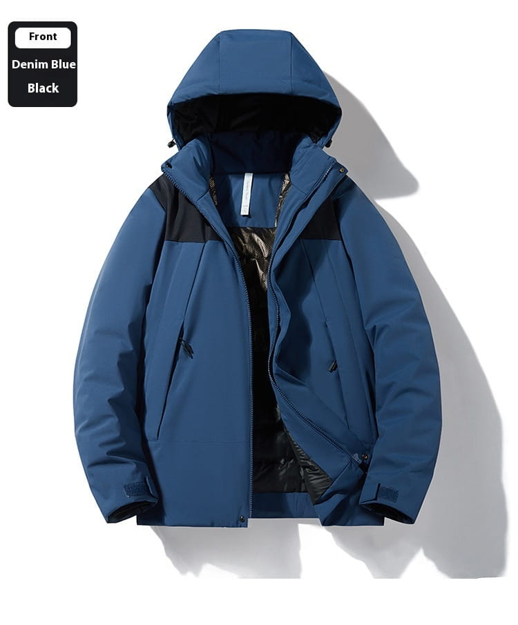 Denim blue and black quilted hooded windproof waterproof puffer jacket designed for winter use.