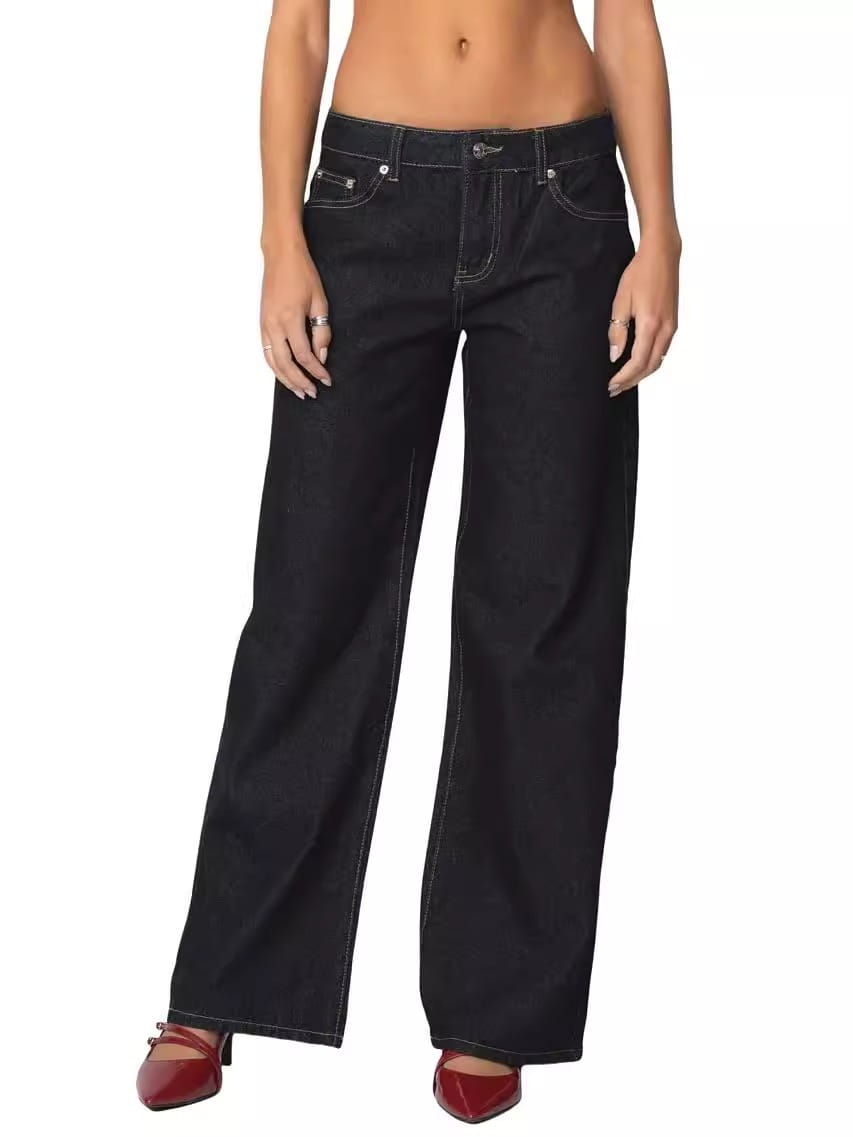 High waist wide leg denim jeans in black with a straight-cut silhouette and contrasting white stitching.