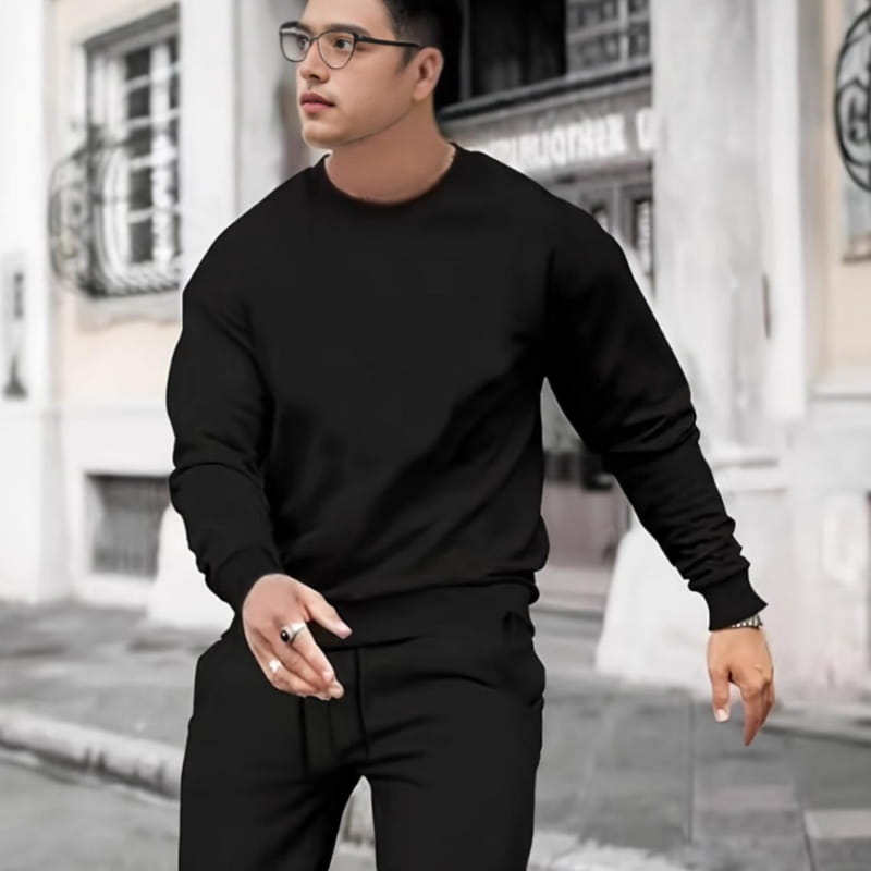 Black long-sleeved crewneck sweatshirt made of polyester in men 3d digital print casual sporty outfit set.