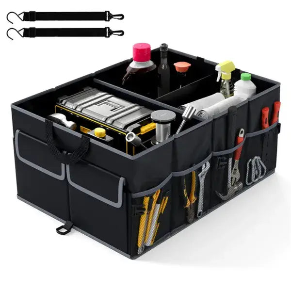 Organisateur de coffre de voiture pliable noir de 13 gallons, avec bordure grise et trois compartiments, permettant de ranger des outils, des bouteilles et une boîte à outils.