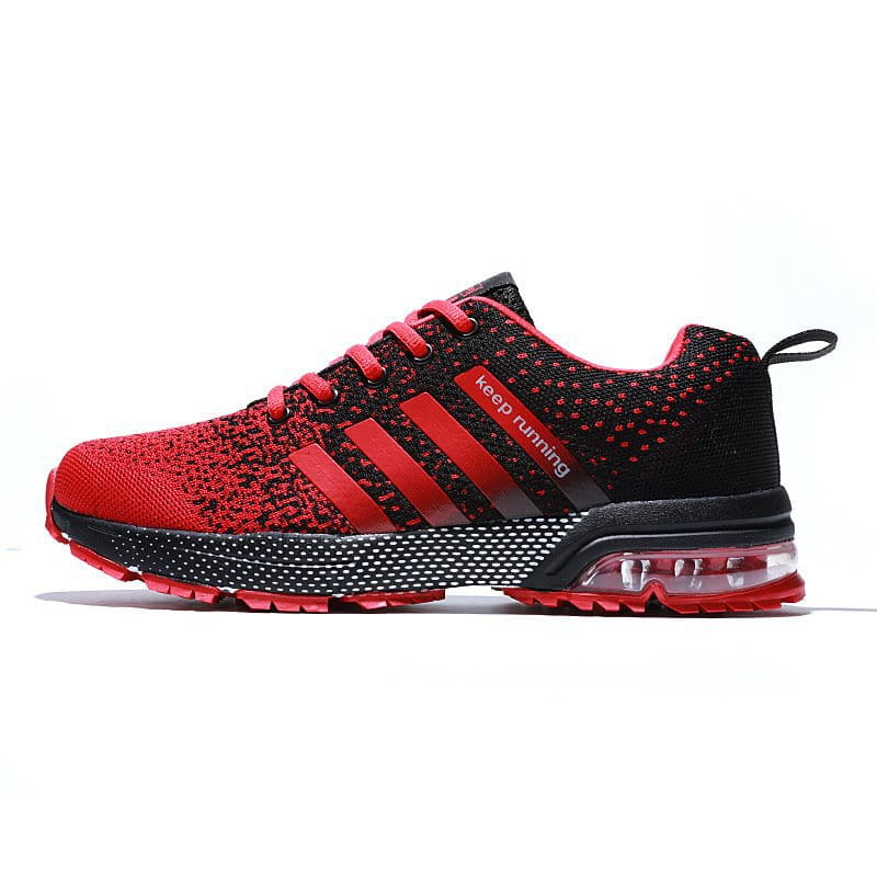 Men’s air cushion knit running sneakers in red and black featuring three bold red stripes transparent air cushion sole and keep running text on the side.