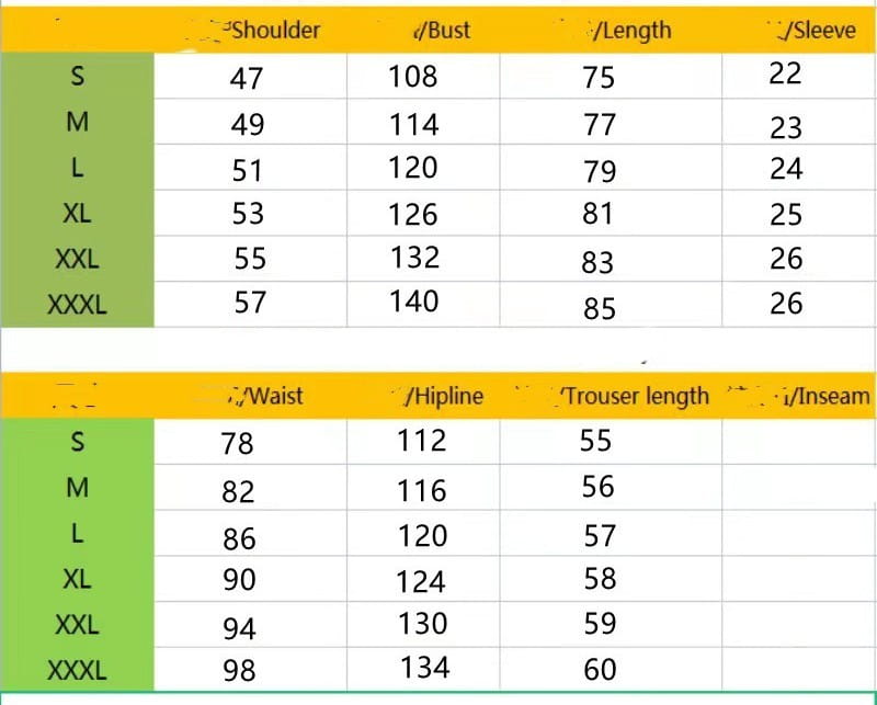 Size chart for a women’s dress showing measurements in centimeters for sizes s to xxxl alongside a men’s ribbed short sleeve shirt and shorts beach set.