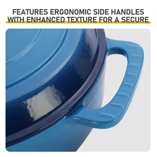 Blue enameled cast iron 6qt dutch oven with ergonomic side handles and silicone gloves for safe handling
