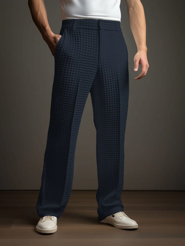 Men’s slim fit waffle knit straight leg business trousers in dark blue textured wool with a subtle herringbone weave and classic straight-leg cut.