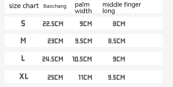 Size chart for Baochang touch screen winter gloves waterproof sports fleece showing palm width and middle finger length measurements in centimeters for sizes S through XL.