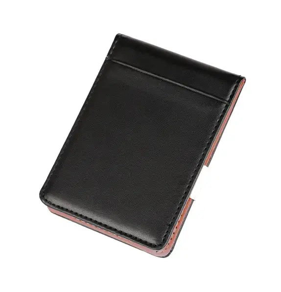 black leather rfid blocking slim bifold money clip wallet with contrasting reddish-brown stitching along the edges