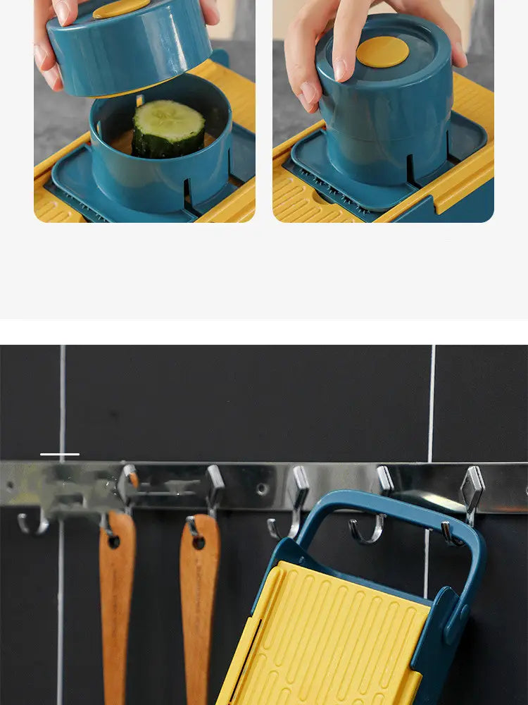 Trancheuse à légumes 5 en 1, multi-fonctionnelle, en plastique bleu et jaune, dotée d’un mécanisme de coupe circulaire pour une préparation efficace des légumes.