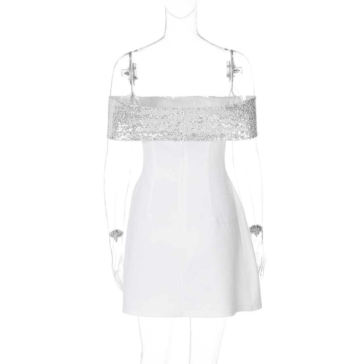 White off-the-shoulder bodycon mini dress with a silver sequined band across the bust.
